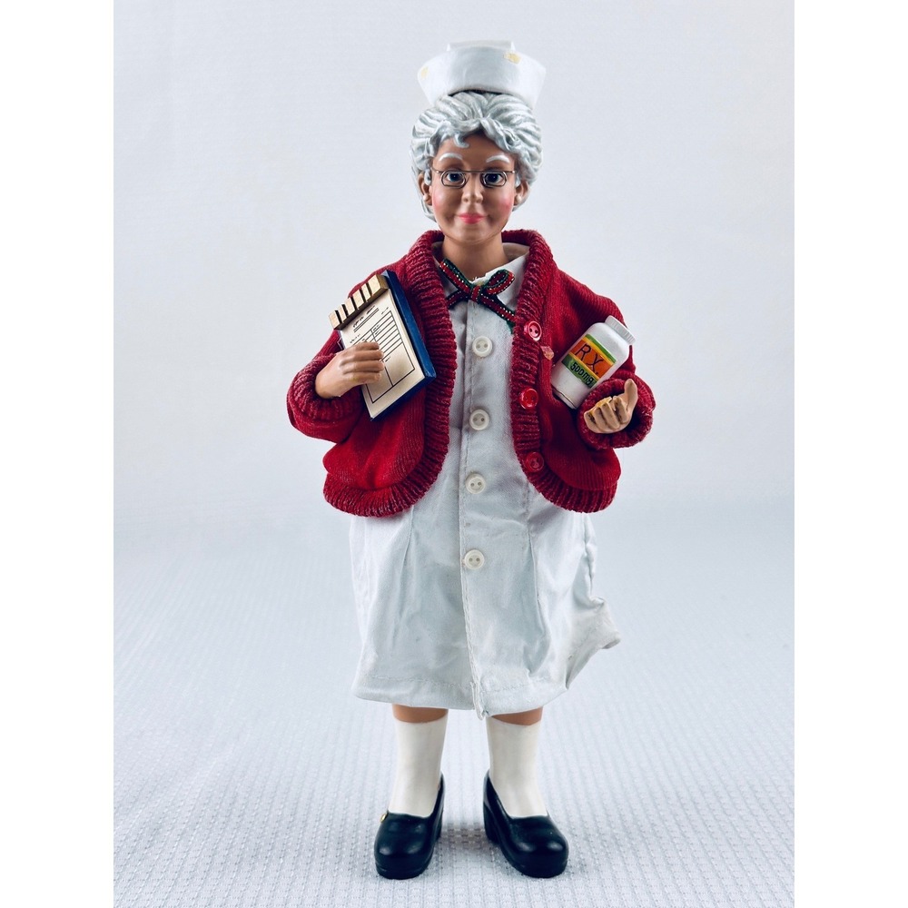 Vintage‎ Style Nurse Figurine Red Cardigan White Uniform RX Bottle Medical Decor